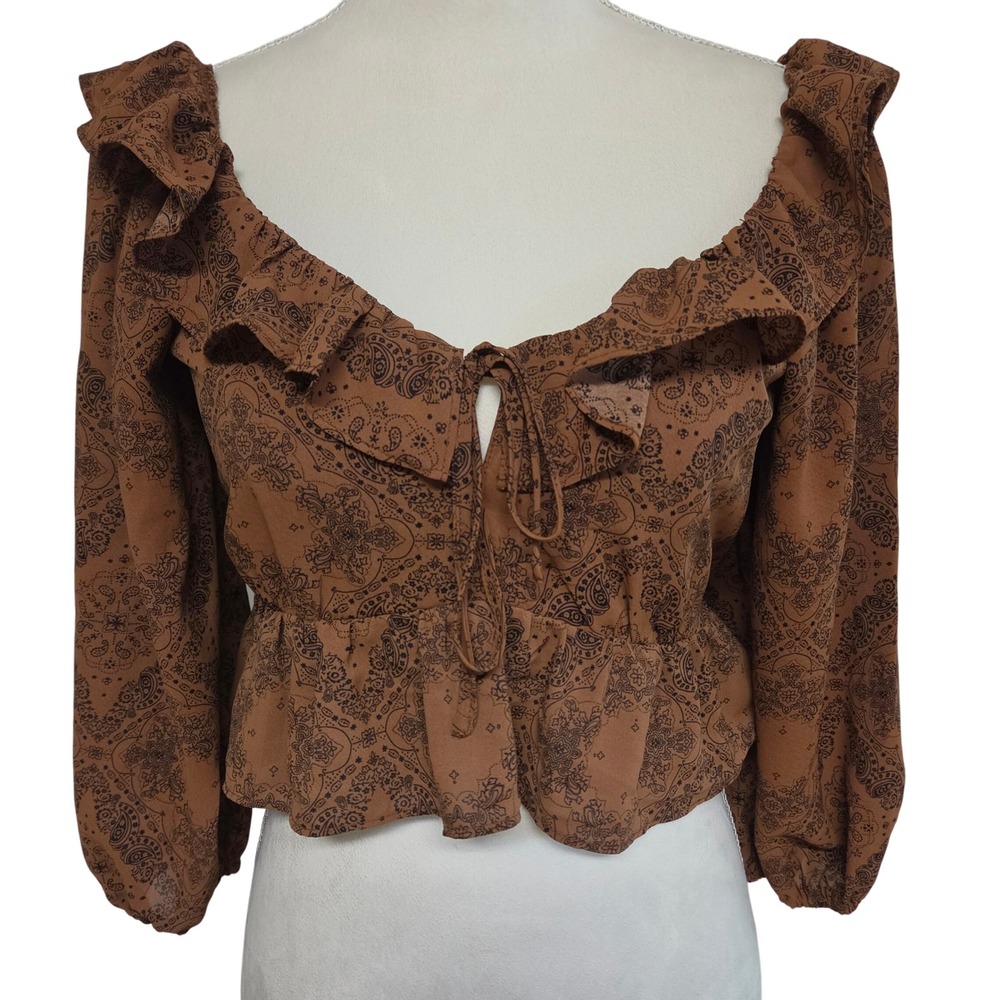 Papaya Brown Paisley Ruffle Tie Front Crop Top Size S Whimsigoth Retro Hippie - Picture 2 of 7